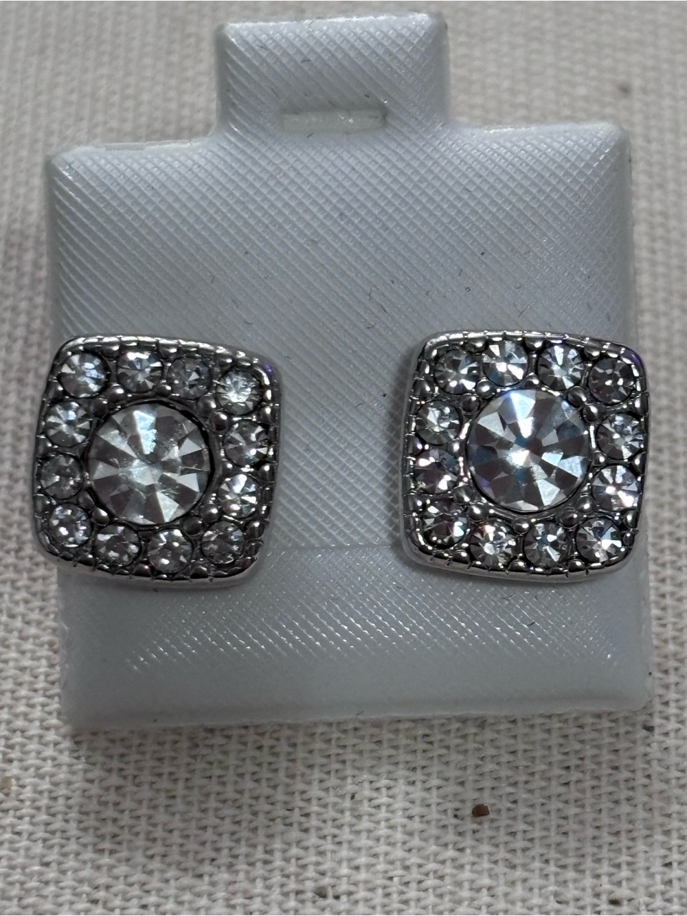 Clear Crystal Square Halo Stud Earrings - Silver
